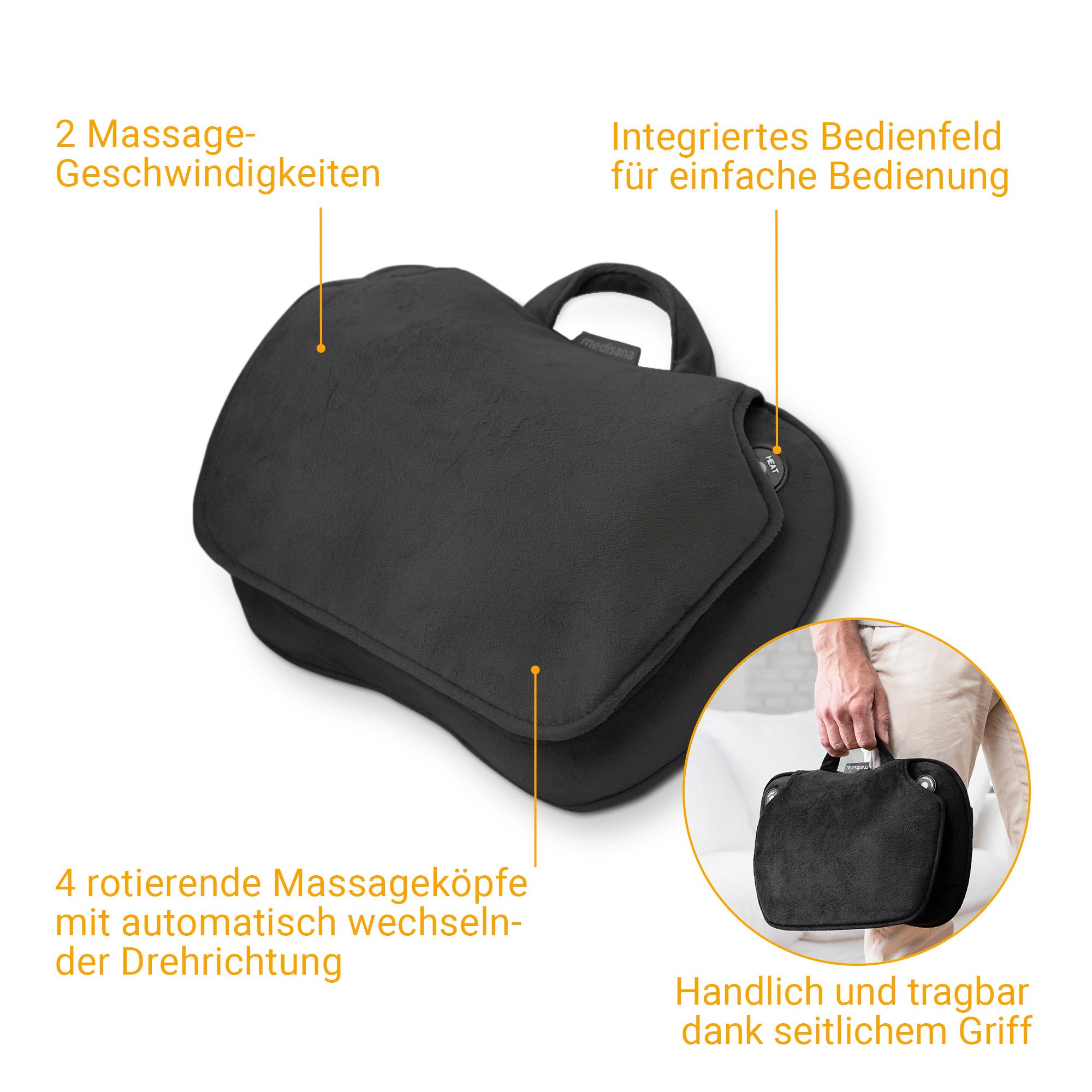 Cuscino massaggiante Shiatsu nero con annotazioni: 2 velocità, 4 testine rotanti, pannello di controllo integrato, portatile.