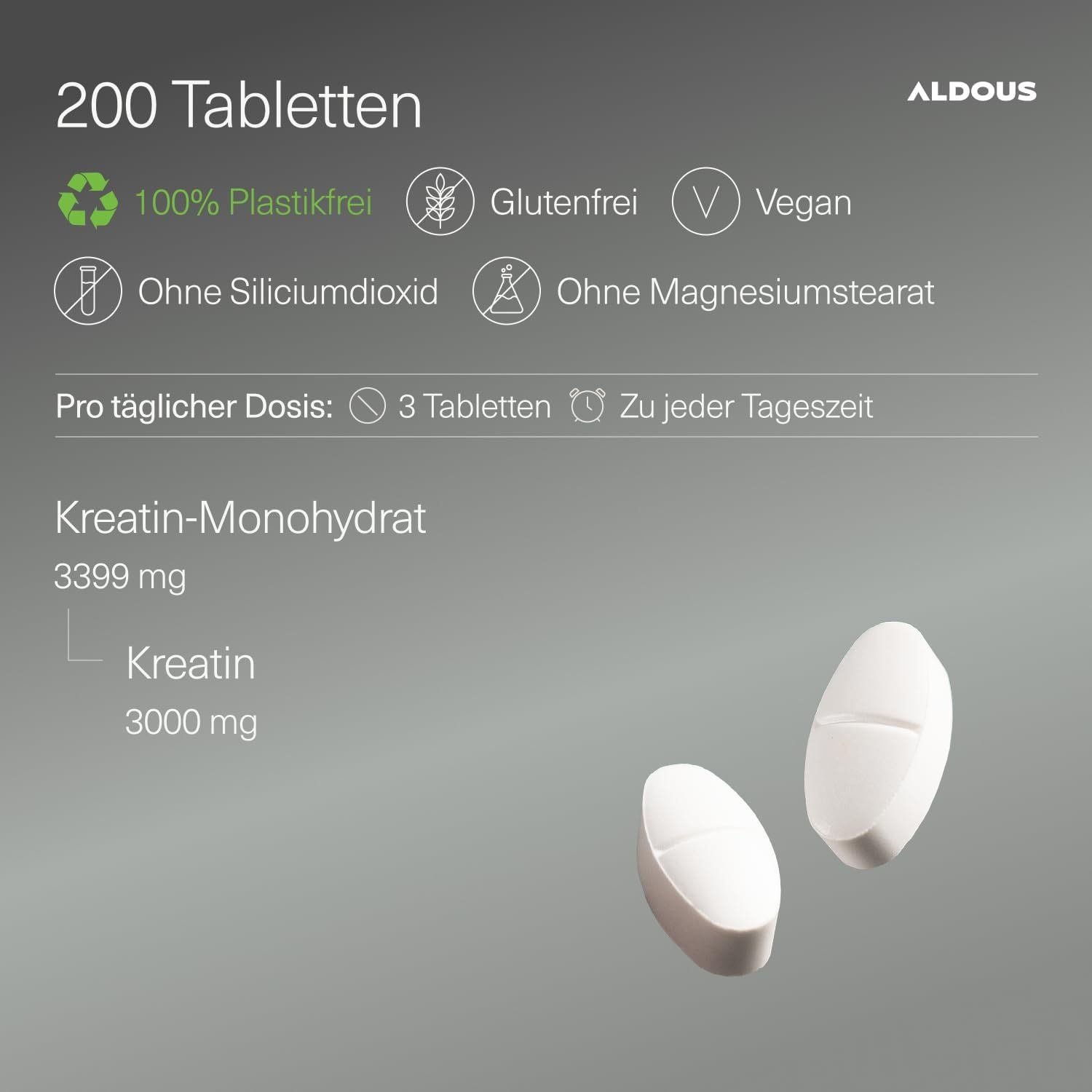 Aldous Creatina Monoidrato: 200 compresse. Senza plastica, senza glutine, vegano. Senza biossido di silicio, senza stearato di magnesio.