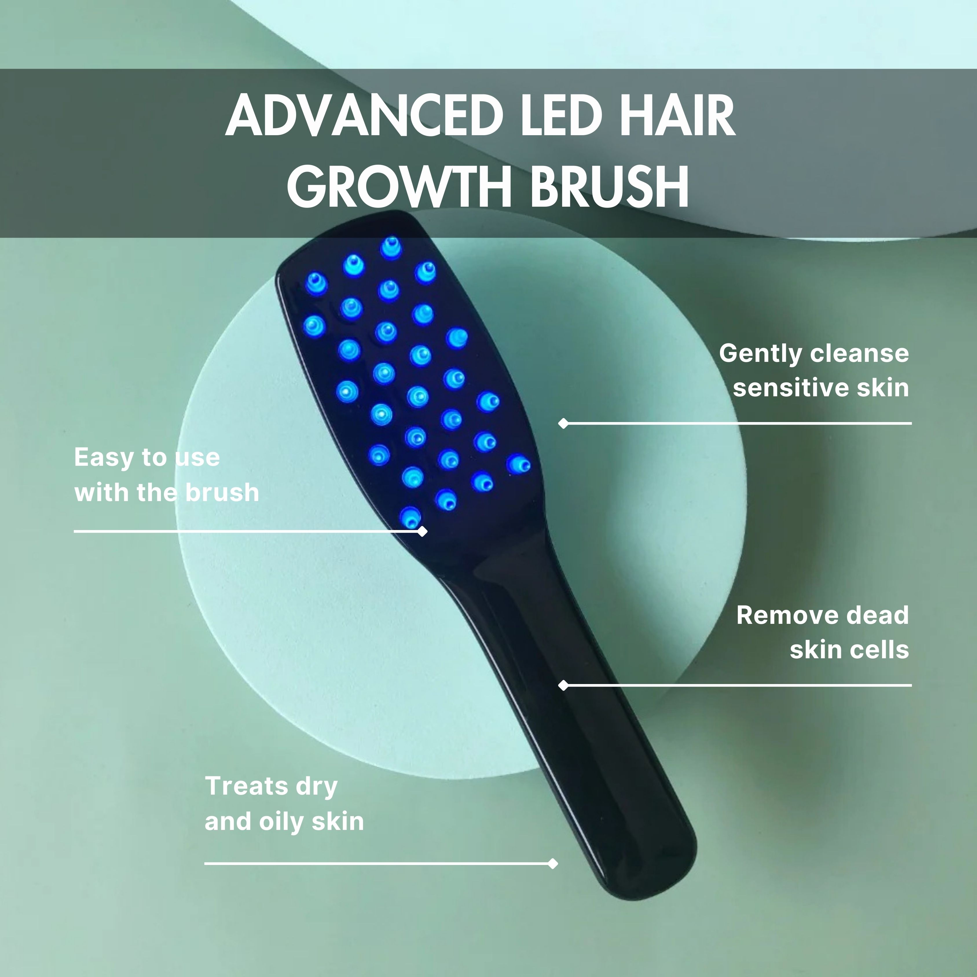 Spazzola per capelli nera con LED blu. Testo: Advanced LED Hair Growth Brush, pulisce delicatamente, rimuove le cellule morte.