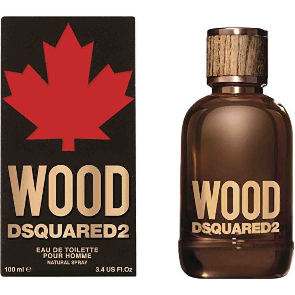 Flacone e confezione Dsquared2 Wood Eau de Toilette con logo a foglia d'acero rossa.