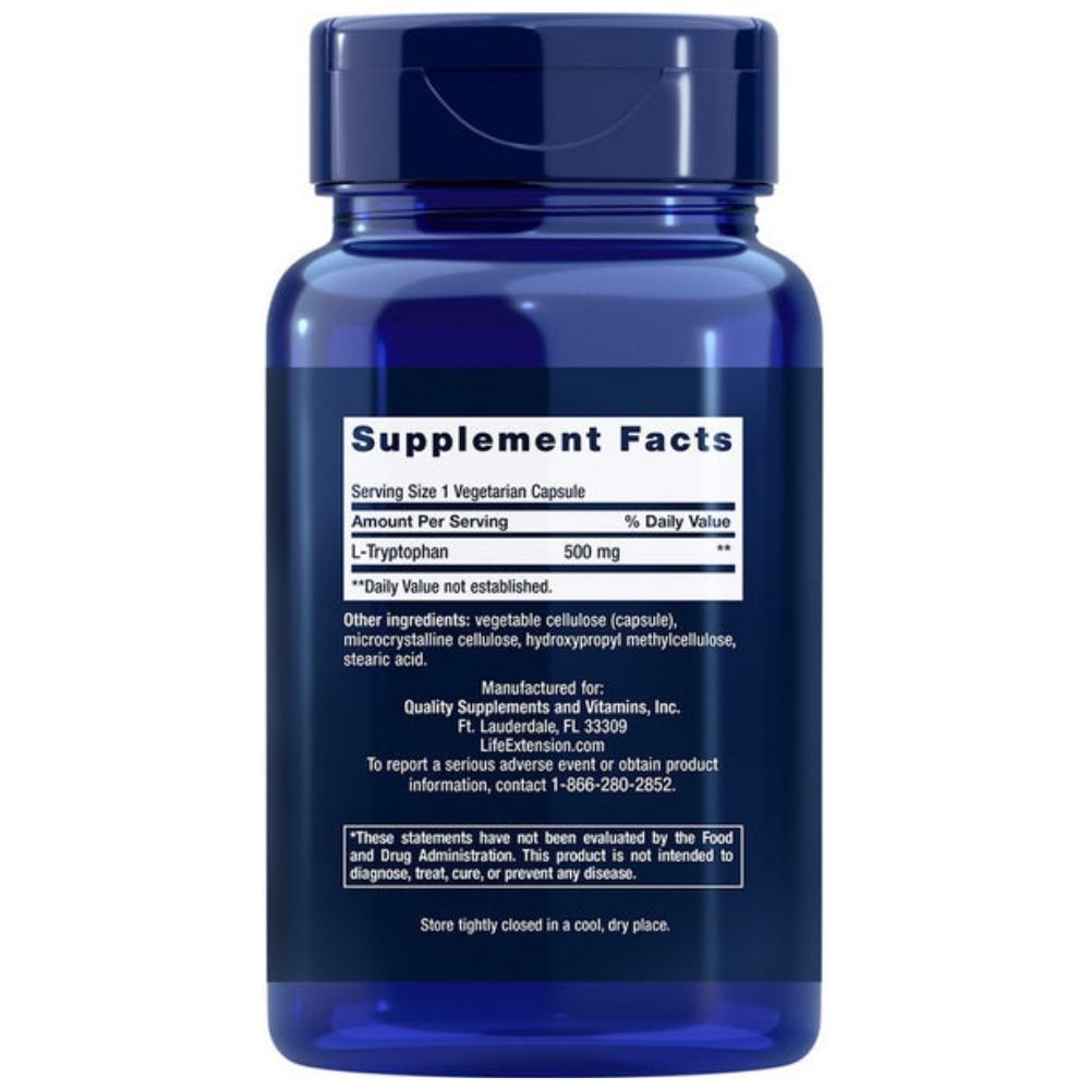 Retro delle capsule Life Extension L-Triptofano 500 mg. Contiene informazioni nutrizionali e ingredienti.