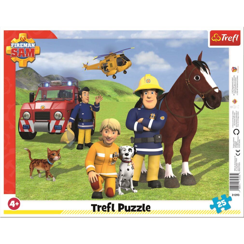 Puzzle con tema Fireman Sam, 25 pezzi. Per bambini dai 4 anni in su. Logo Trefl. Immagine di pompieri, animali e veicoli.