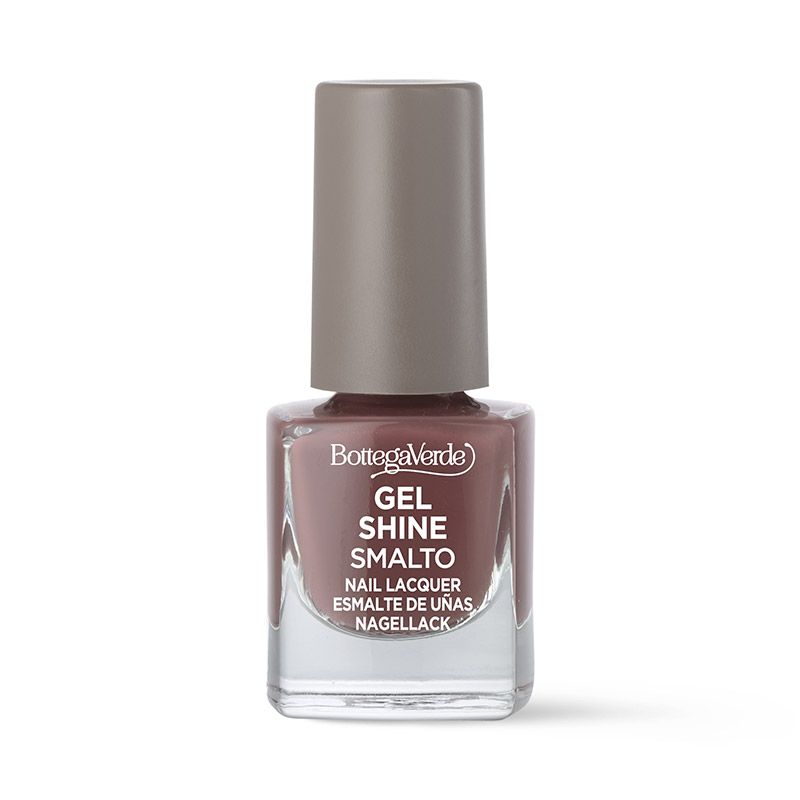 Flacone di smalto marrone con tappo grigio. Scritta: Bottega Verde, Gel Shine Smalto, smalto per unghie.