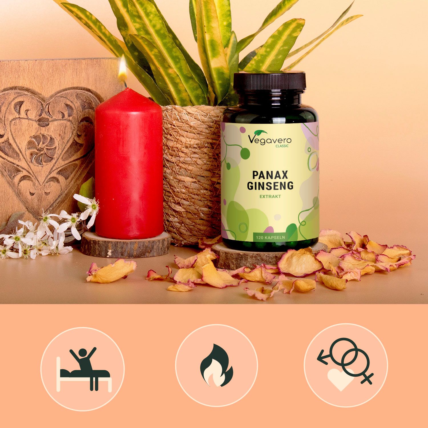 Flacone del prodotto accanto a candela e decorazioni. Scritta: Vegavaro Classic, PANAX GINSENG EXTRAKT, 120 capsule. Sfondo con simboli.