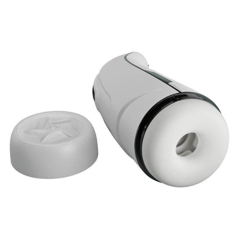 Masturbatore bianco con coperchio rimosso, che mostra la texture interna.