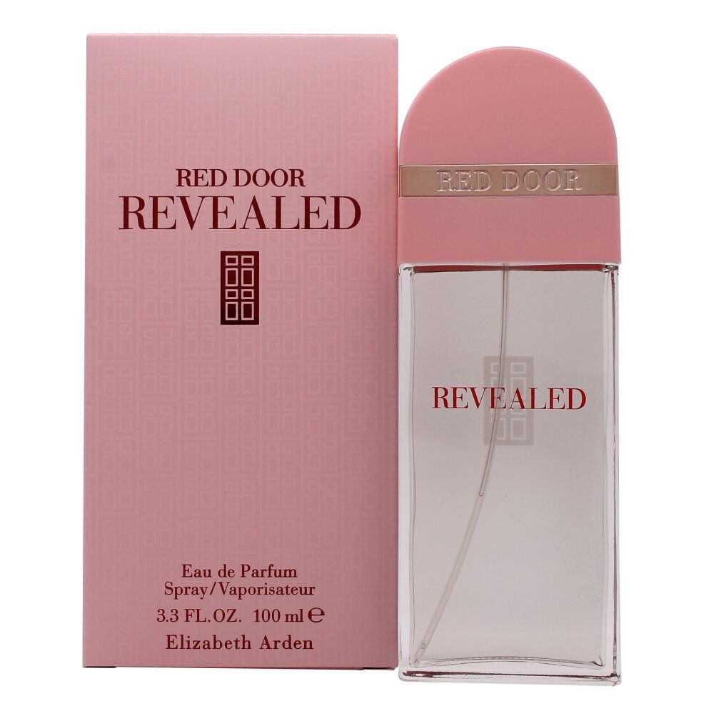 Flacone e confezione rosa. Scritta: Red Door Revealed. Eau de Parfum Spray. Elizabeth Arden.
