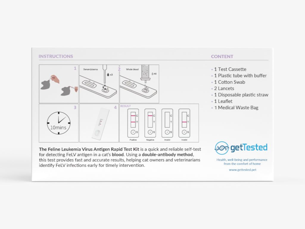 Confezione del test GetTested per il virus della leucemia felina. Contiene cassetta, provetta, tampone, lancette, cannuccia e sacchetto.