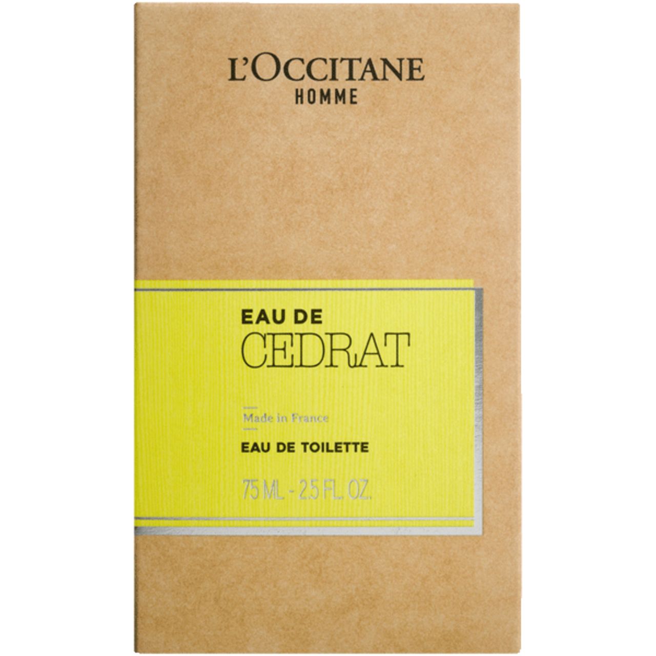 Confezione in cartone L'Occitane Eau de Cedrat. Scritta: Eau de Toilette, 75 ml. Etichetta gialla con nome del prodotto.