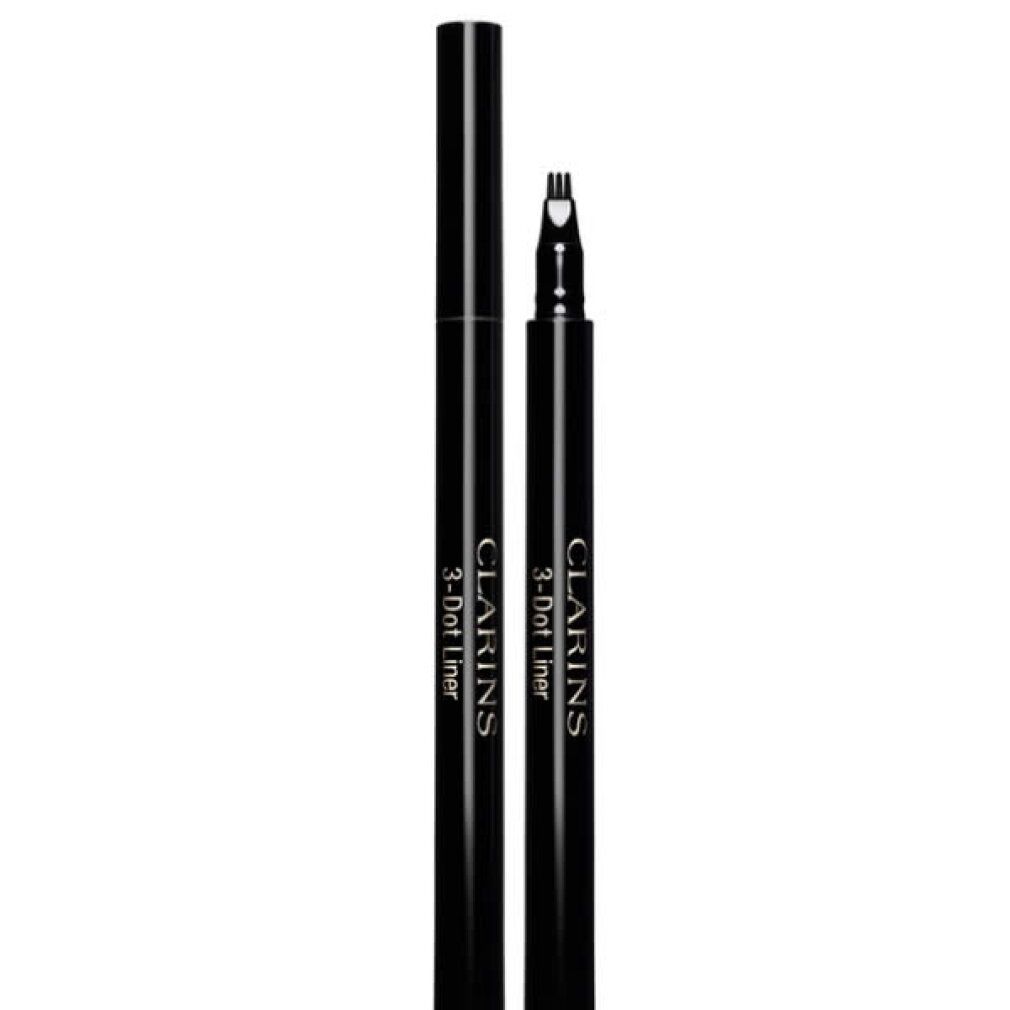 Clarins 3-Dot Liner nero. L'applicatore ha tre punte. La penna è aperta.