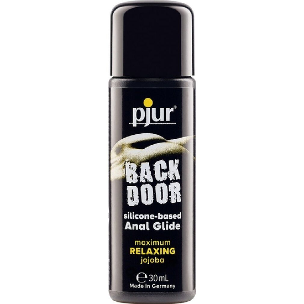 Flacone nero con tappo nero. Scritta: pjur, BACK DOOR, Anal Glide. Contiene 30ml. Prodotto in Germania.