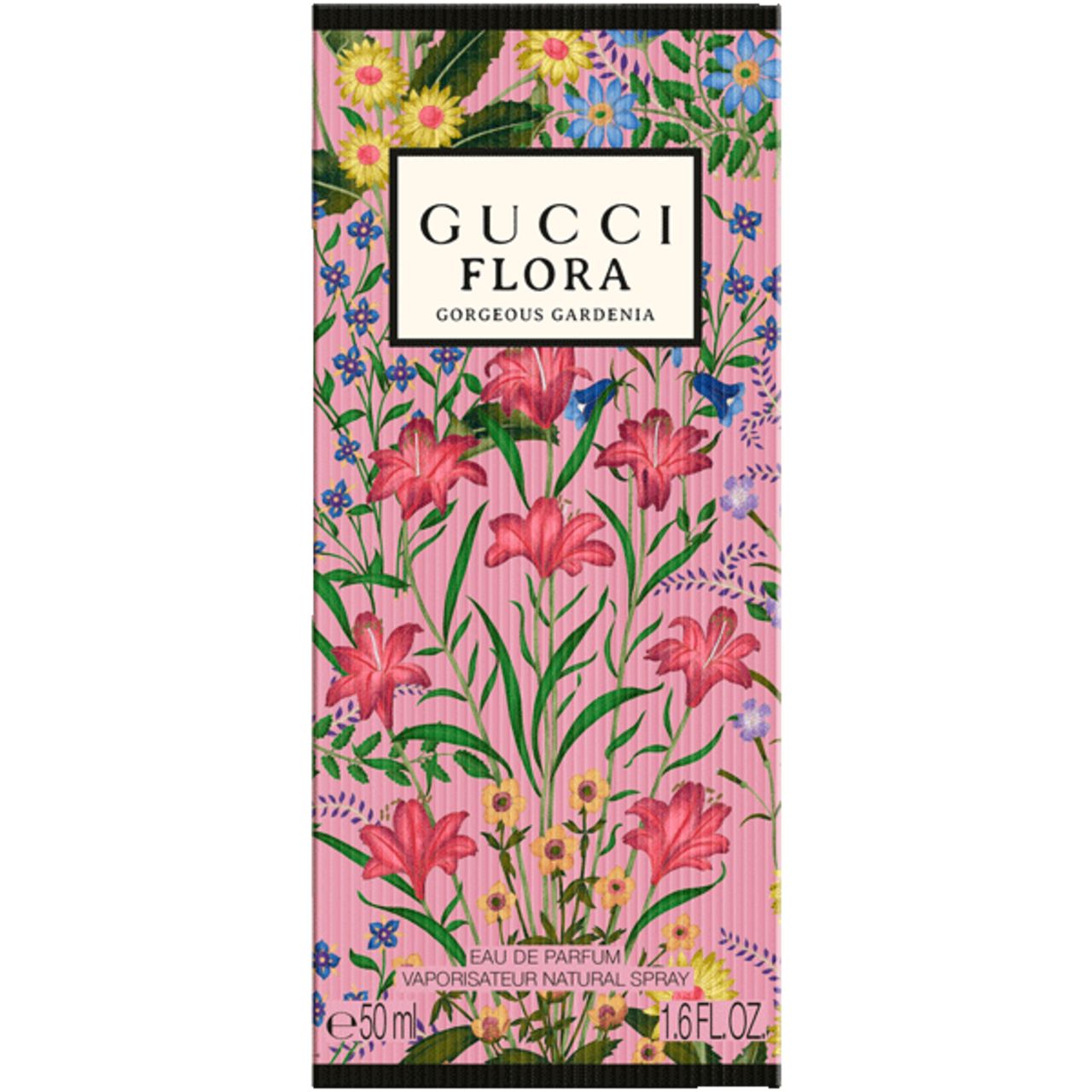 Confezione rosa con motivo floreale e scritta Gucci Flora Gorgeous Gardenia. Testo: Eau de Parfum.