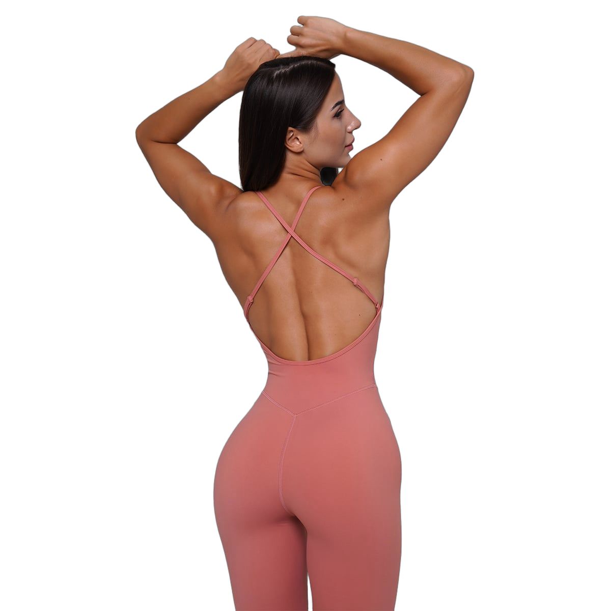 Tuta aderente senza maniche da donna color salmone con scollo a V e spalline incrociate sul retro.