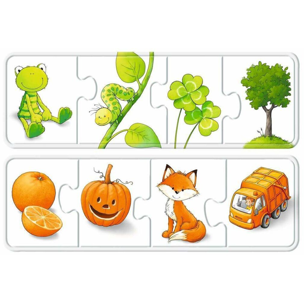 Due puzzle da 4 pezzi ciascuno. Illustrazioni: pompiere, coccinella, ciliegie, granchio, giraffa, anatra, stella, girasole. Pezzi rossi e gialli.