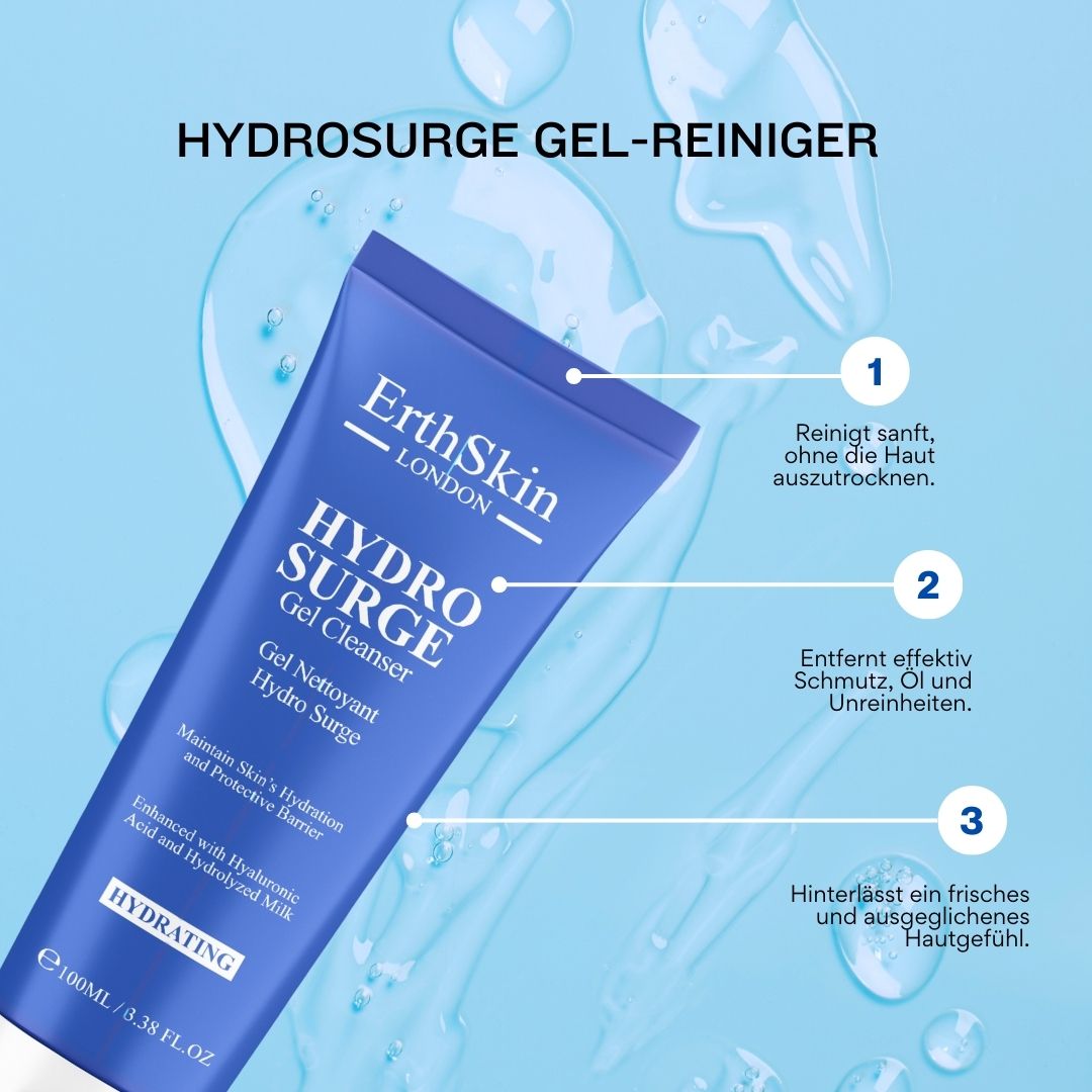 Tubo blu HYDROSURGE Gel Cleanser. Testo: ErthSkin London, HYDROSURGE Gel Cleanser. 3 vantaggi: pulizia delicata, rimuove lo sporco, sensazione fresca.