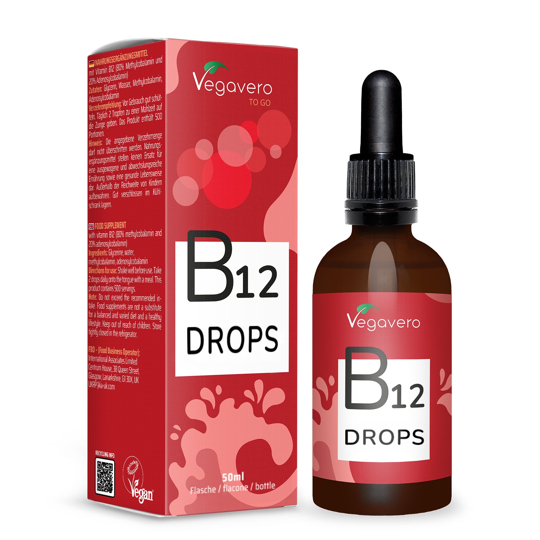 Flacone di vetro marrone con contagocce e confezione rossa. Scritta: B12 DROPS. Marchio: Vegavero.
