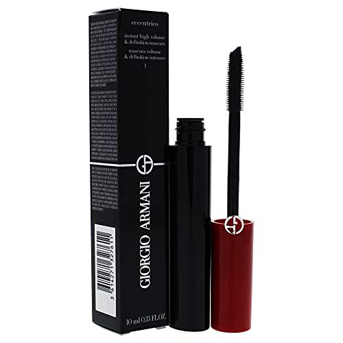 Mascara nero con spazzola, tappo rosso, confezione nera con testo bianco. Logo Giorgio Armani.