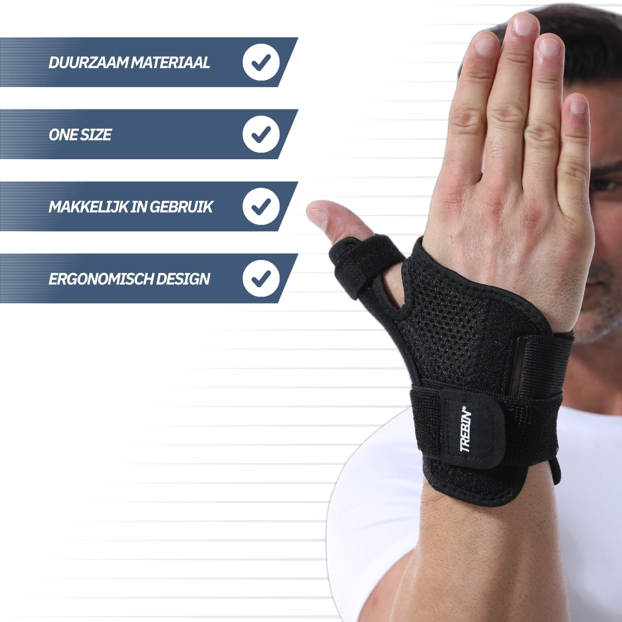 Tutore nero per polso con supporto per pollice, chiusure in velcro regolabili.