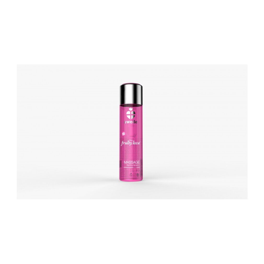 Flacone rosa con tappo argentato. Scritte: swede, fruity love, Massage. Prodotto trasparente.