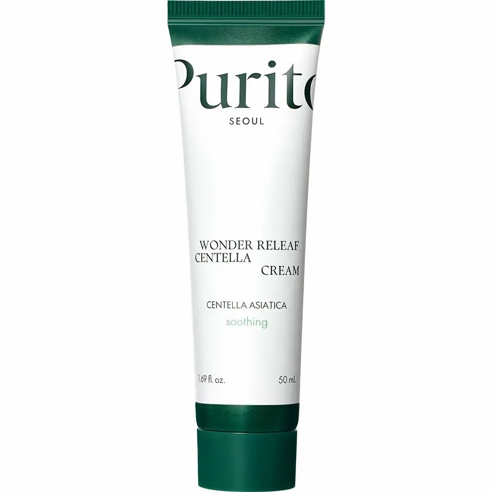 Tubo di crema bianco e verde. Scritta: PURITO SEOUL, Wonder Releaf Centella Cream, Centella Asiatica, soothing.