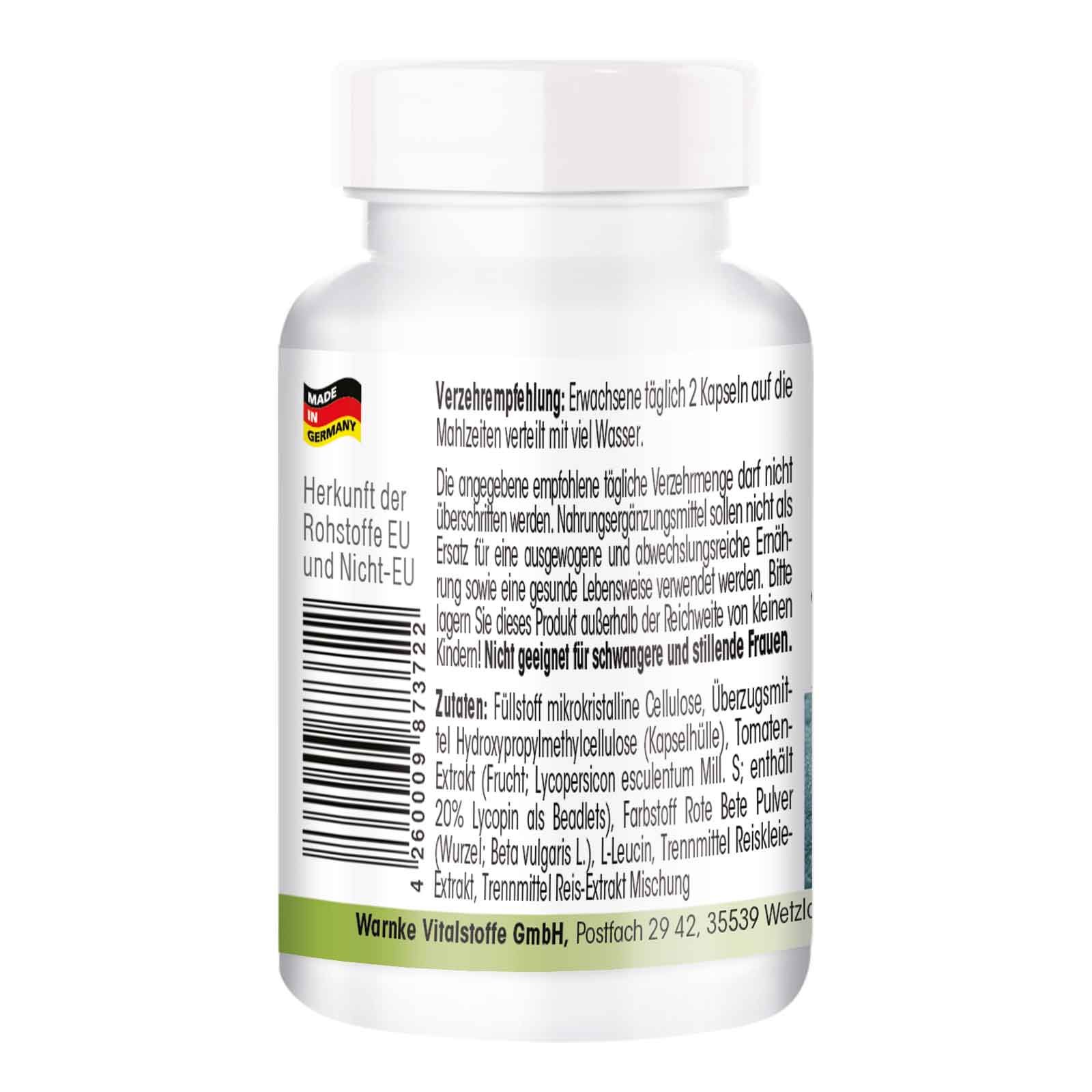 Retro del flacone bianco. Testo: Warnke Vitalstoffe. Elenco ingredienti, raccomandazioni, avvertenze. Prodotto in Germania. Codice a barre.