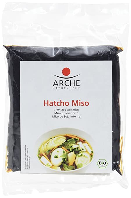 Busta Arche Hatcho Miso con etichetta che mostra una ciotola di zuppa di miso. Sigillo BIO.