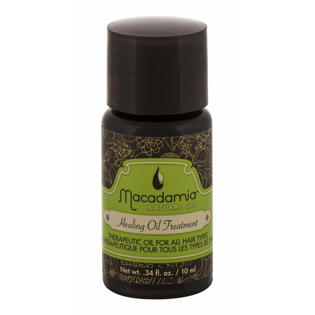 Bottiglia marrone con tappo nero. Etichetta con scritta: Macadamia Natural Oil Healing Oil Treatment.