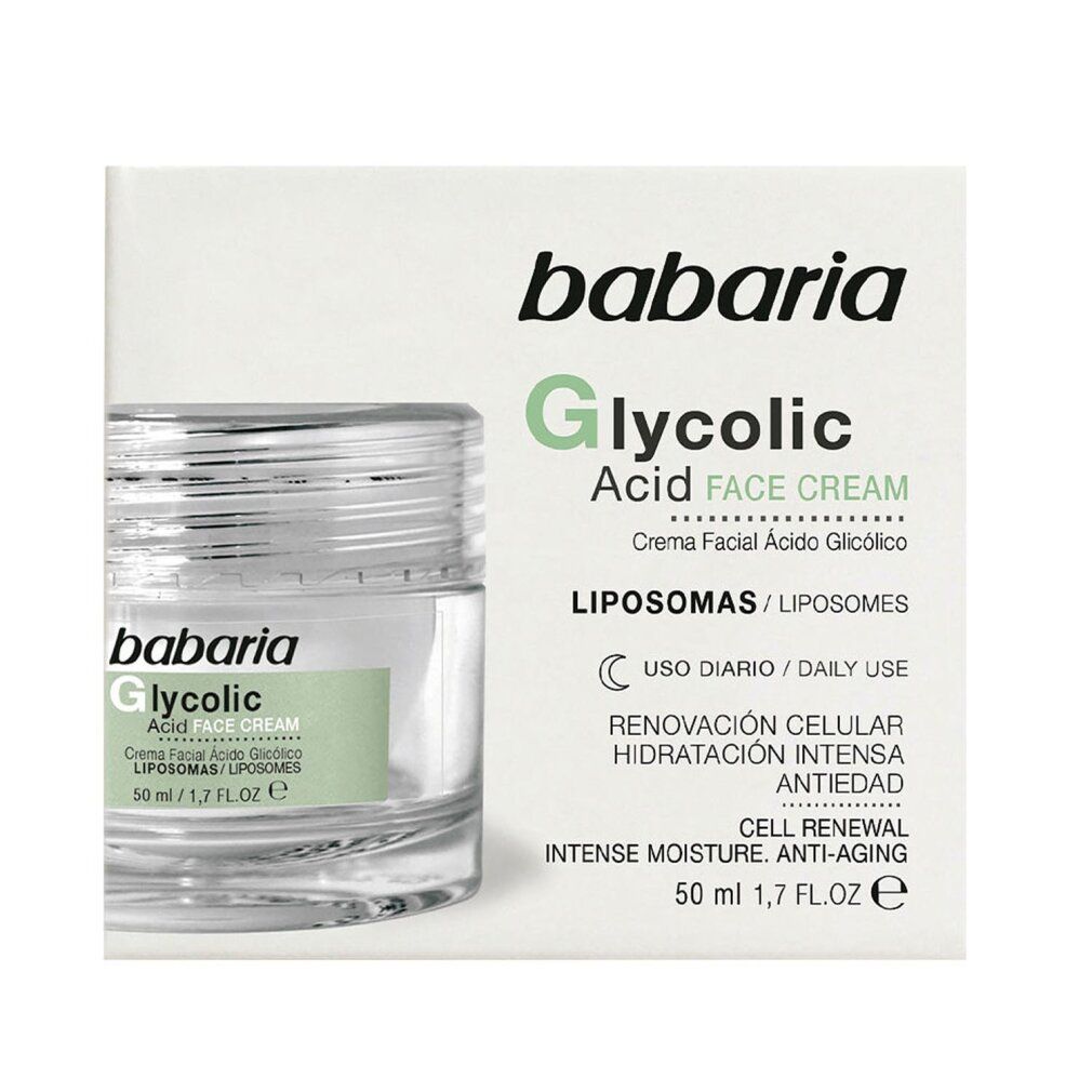 Vasetto di crema Babaria Glycolic Acid su confezione bianca. Scritte in inglese e spagnolo.