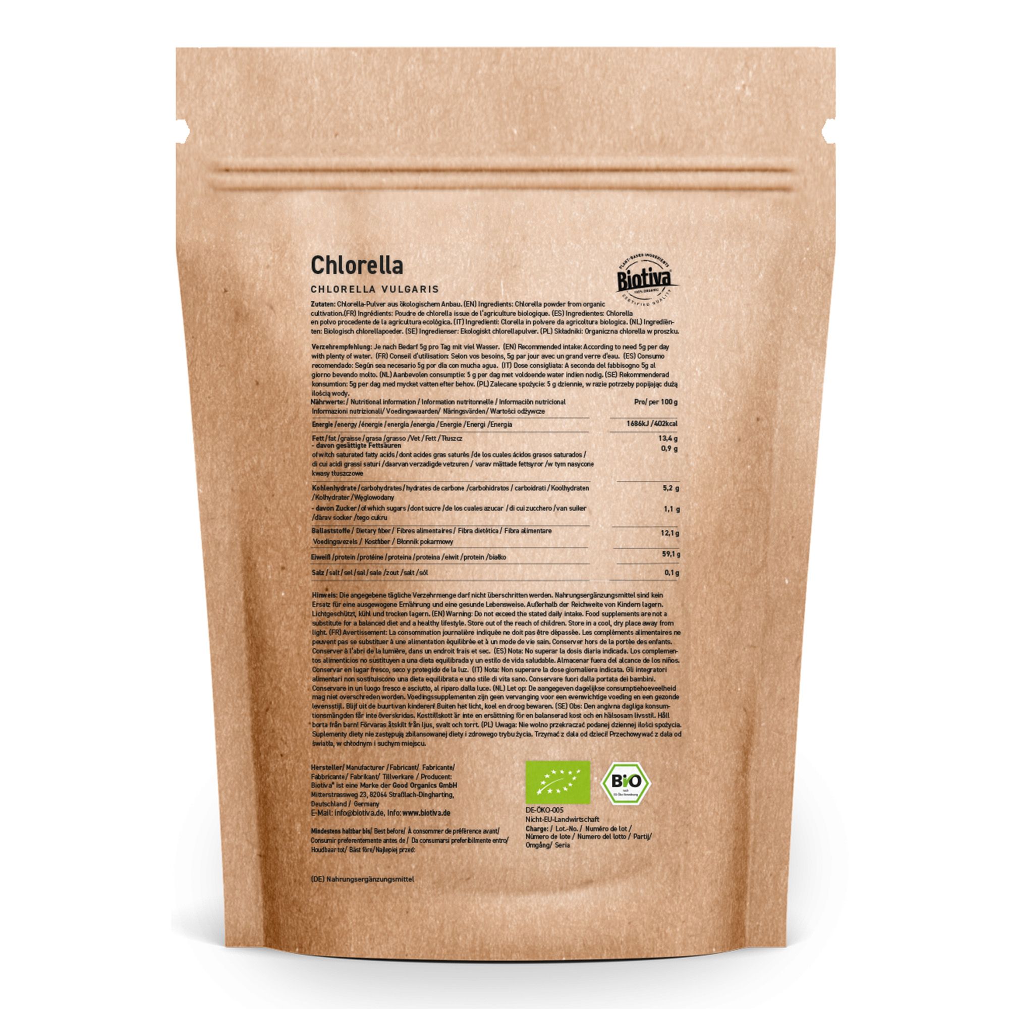 Retro della confezione di polvere con informazioni nutrizionali, ingredienti e sigillo Bio. Testo in tedesco.