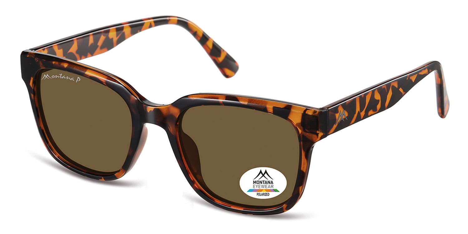 Occhiali da sole marroni con motivo tartarugato. Logo Montana Eyewear ed etichetta polarizzata.