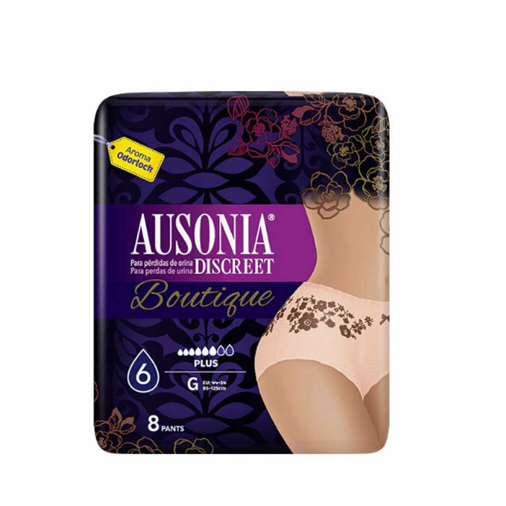 Confezione Ausonia Discreet Boutique. Scritta: 8 Pants, taglia G, 6 gocce. Illustrazione di donna con slip.