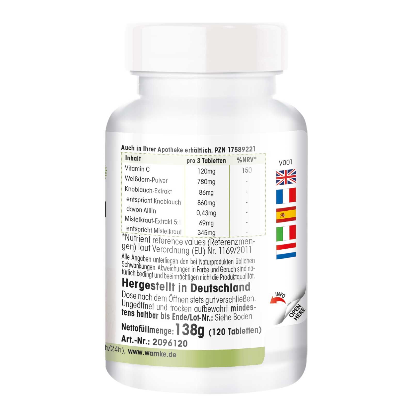 Retro del flacone di compresse. Testo: Contenuto, informazioni nutrizionali, Prodotto in Germania, peso netto 138g (120 compresse).