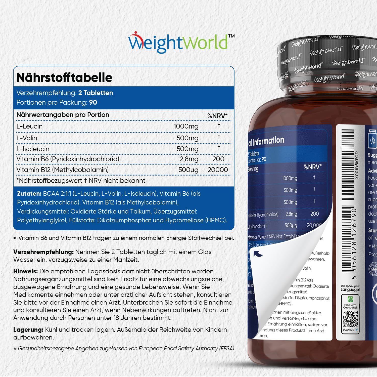 Tabella nutrizionale. Contiene L-Leucina, L-Valina, L-Isoleucina, Vitamina B6 e B12. Informazioni sull'assunzione.