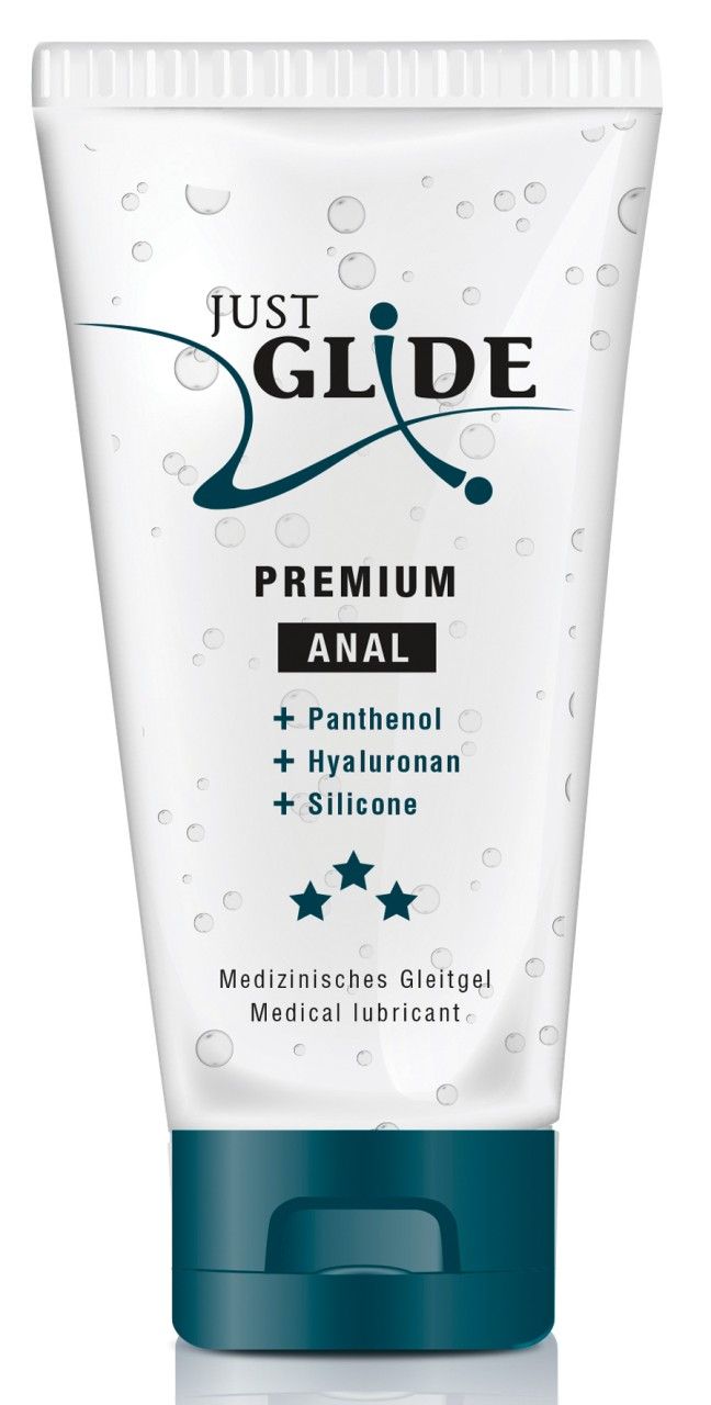 Lubrificante medico anale Premium Just Glide in tubo trasparente con tappo blu. Contiene Pantenolo, Ialuronano, Silicone.