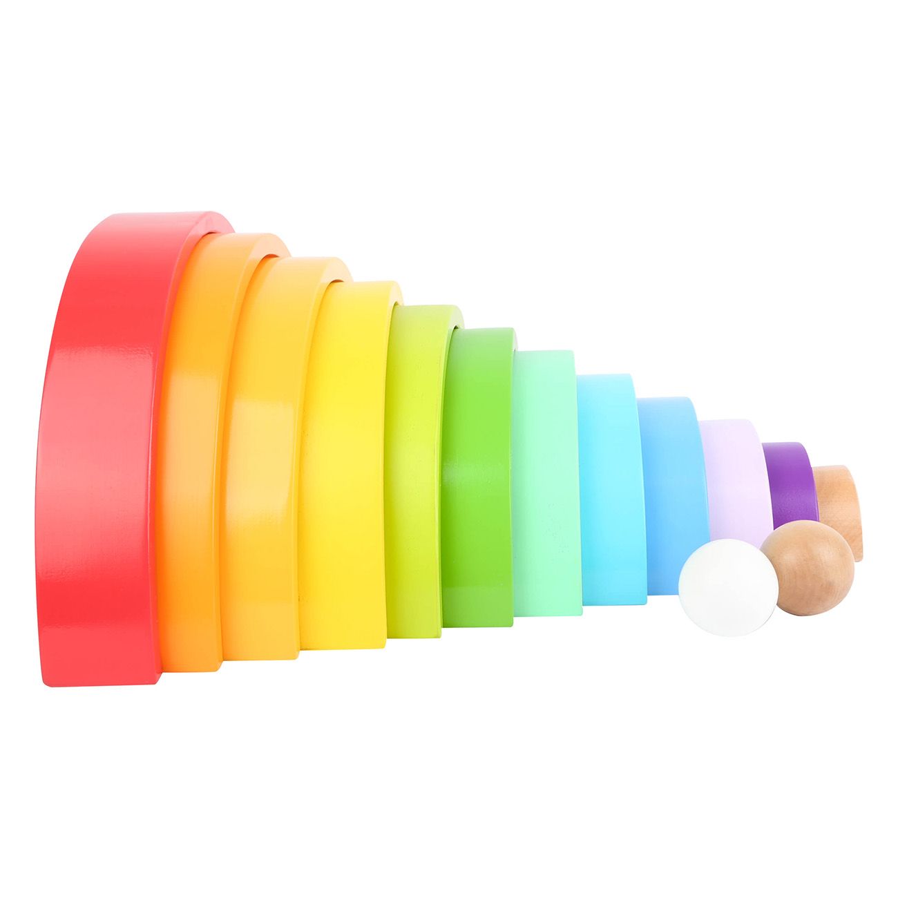 Blocchi di legno ad arco multicolore. Blocchi di varie dimensioni e colori. Include due sfere.