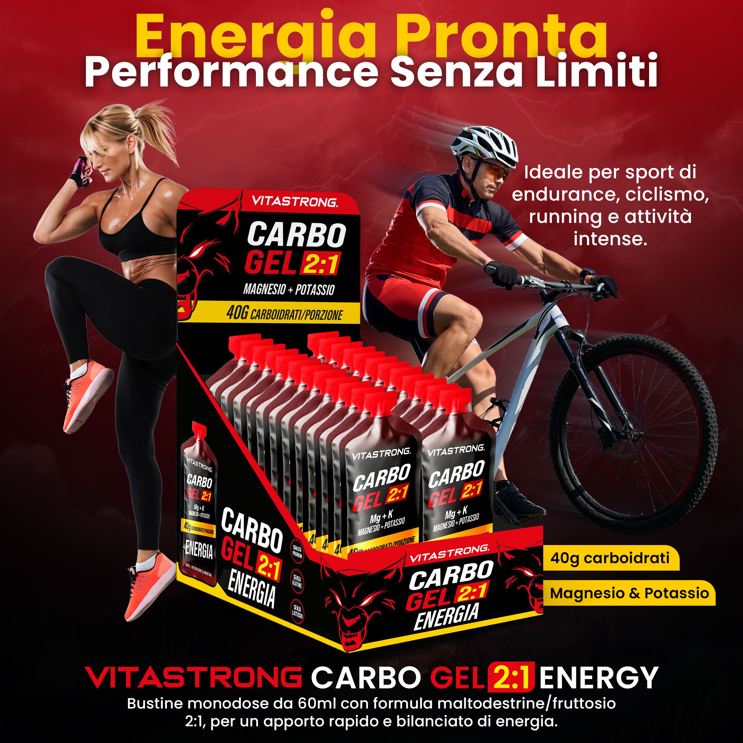 Vitastrong CARBO GEL 2:1. Confezione di porzioni singole. Atleti e ciclisti. Testo: Energia immediata, prestazioni senza limiti.
