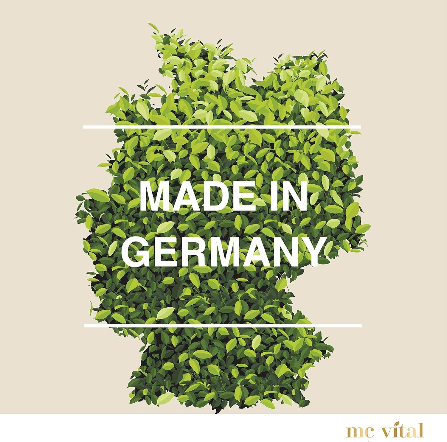 Contorno della Germania in foglie verdi. Testo: Made in Germany. Logo: me vital.