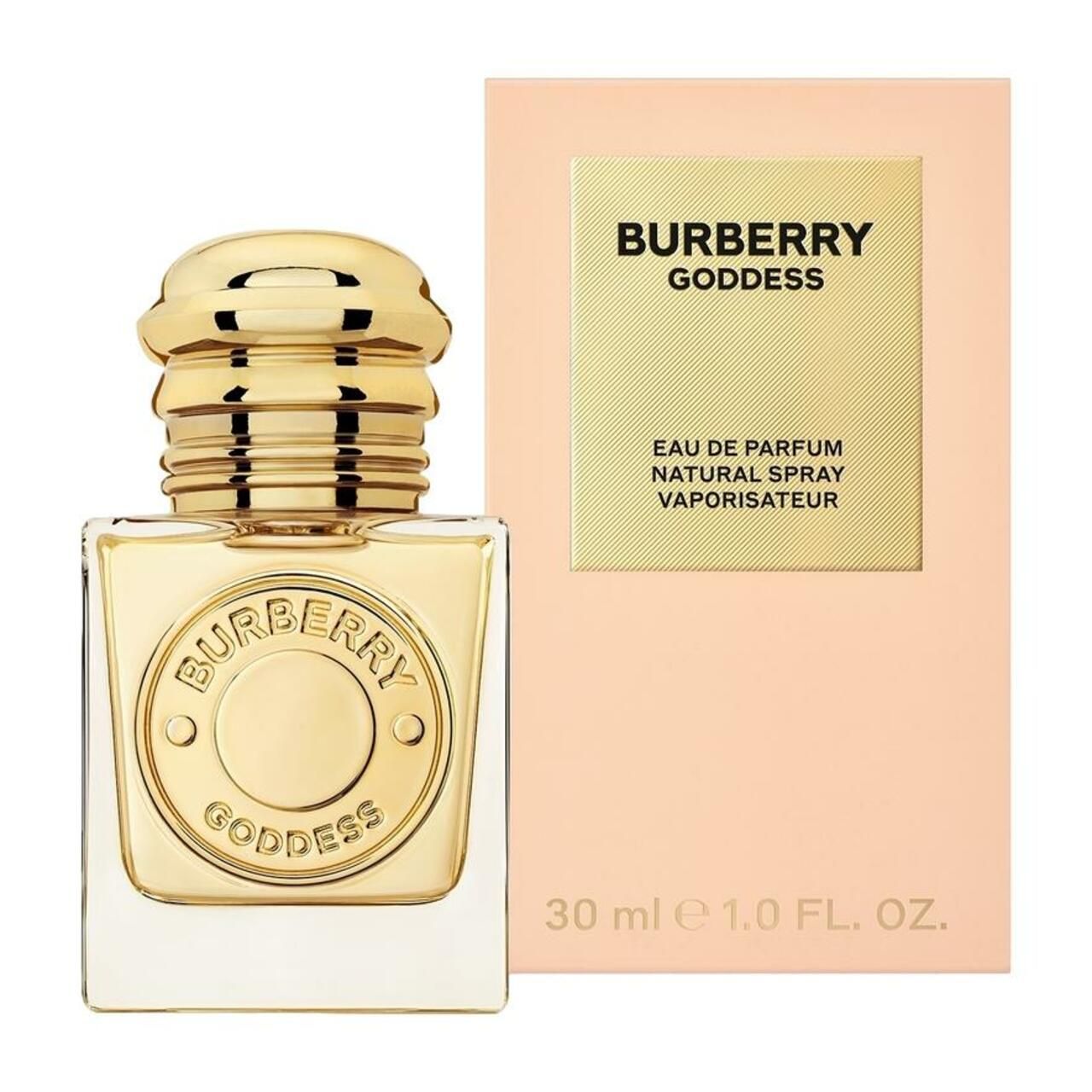 Flacone e confezione. Flacone dorato, confezione rosa. Testo: Burberry Goddess, Eau de Parfum, Natural Spray.