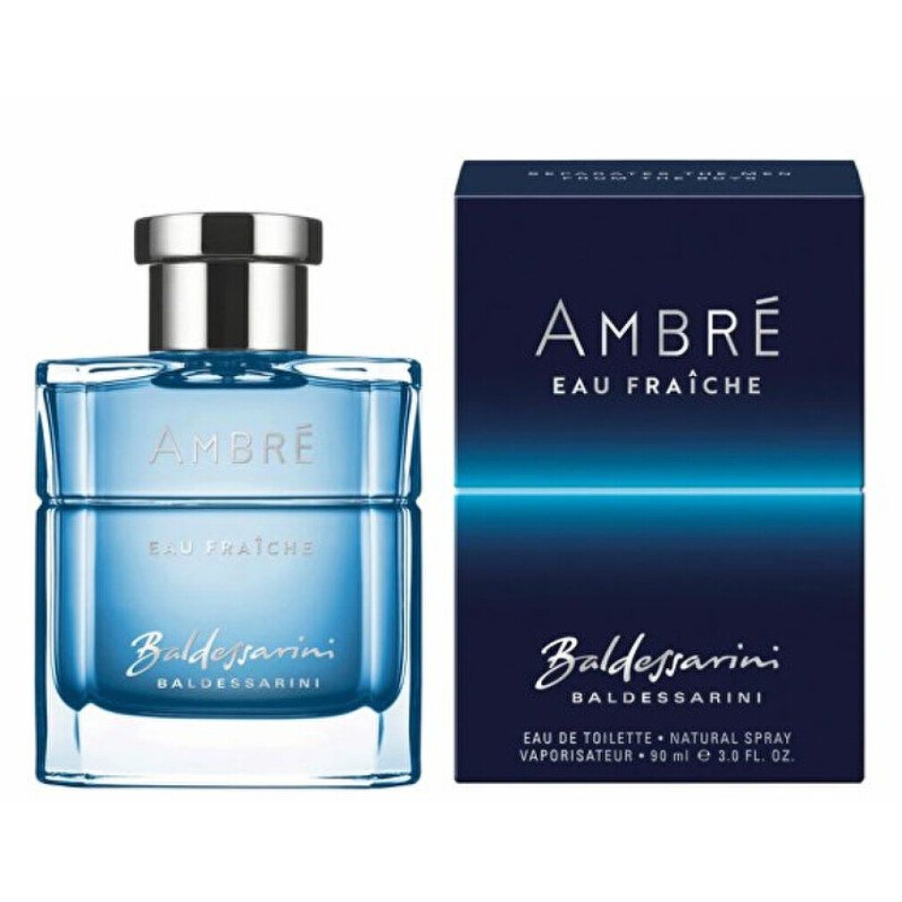 Flacone e confezione. Flacone con liquido blu. Confezione blu scuro. Scritta: AMBRE, EAU FRAÎCHE, Baldessarini.