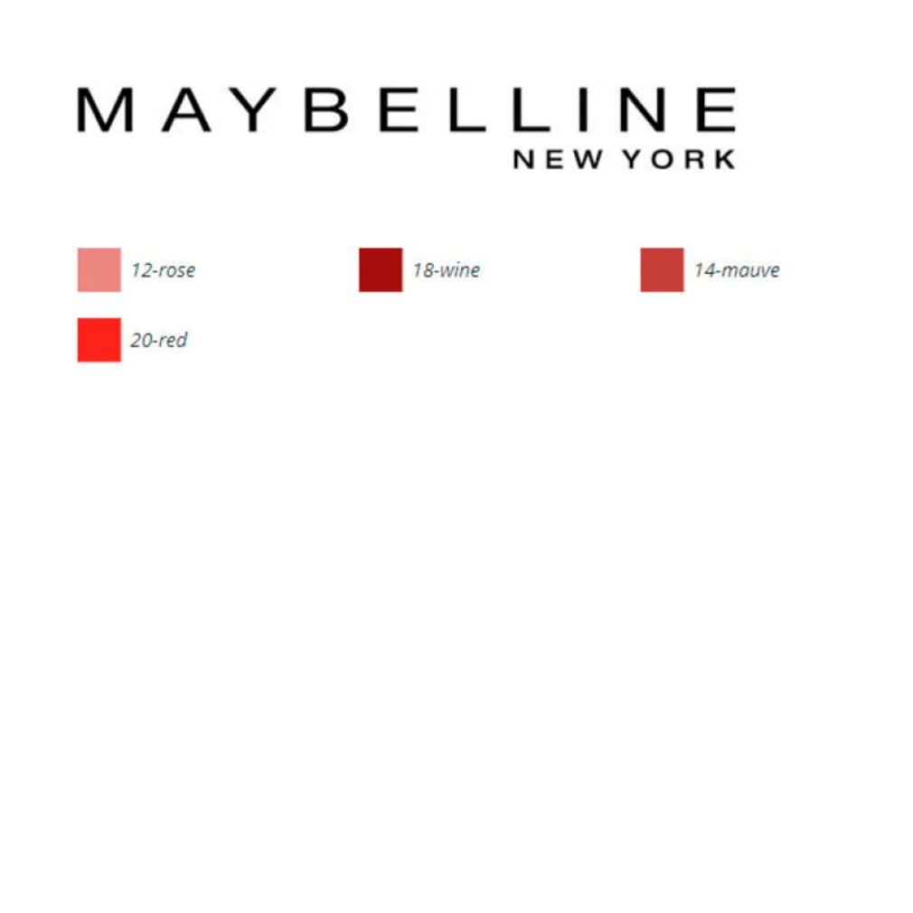 Selezione colori Maybelline: 18 Wine, 12 Rose, 14 Mauve, 20 Red.