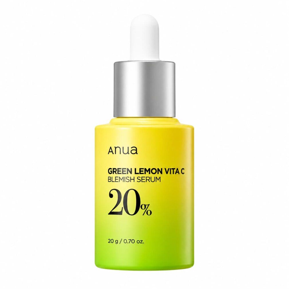 Flacone di siero Anua Green Lemon Vita C Blemish con contagocce. Gradiente giallo-verde, 20% stampato.