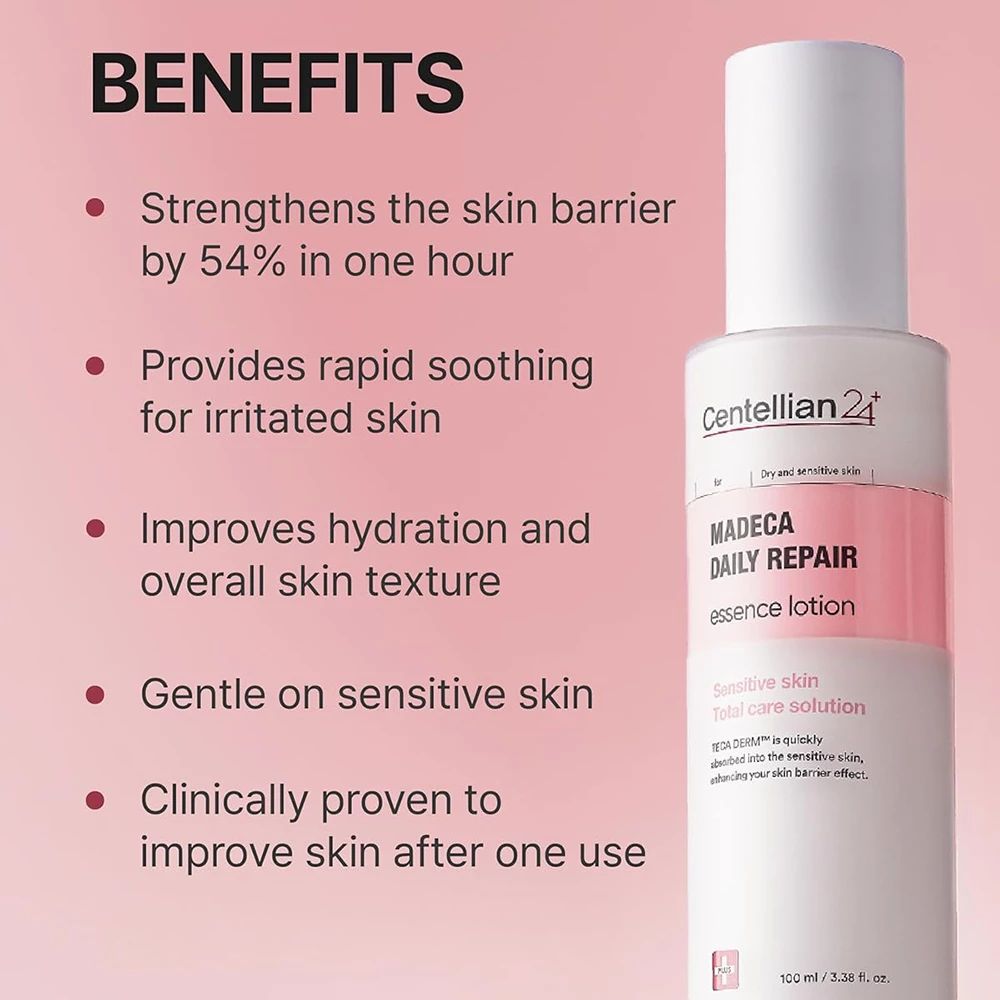 Testo con punti elenco. Vantaggi: Rafforza la barriera cutanea, lenisce la pelle irritata, migliora l'idratazione, delicato sulla pelle sensibile.