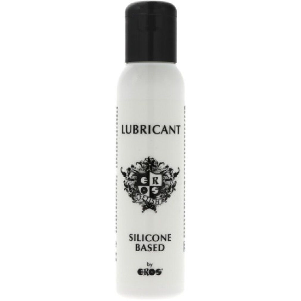 Flacone bianco con tappo nero. Scritta: LUBRICANT, SILICONE BASED, by EROS. Logo GR e ornamenti.