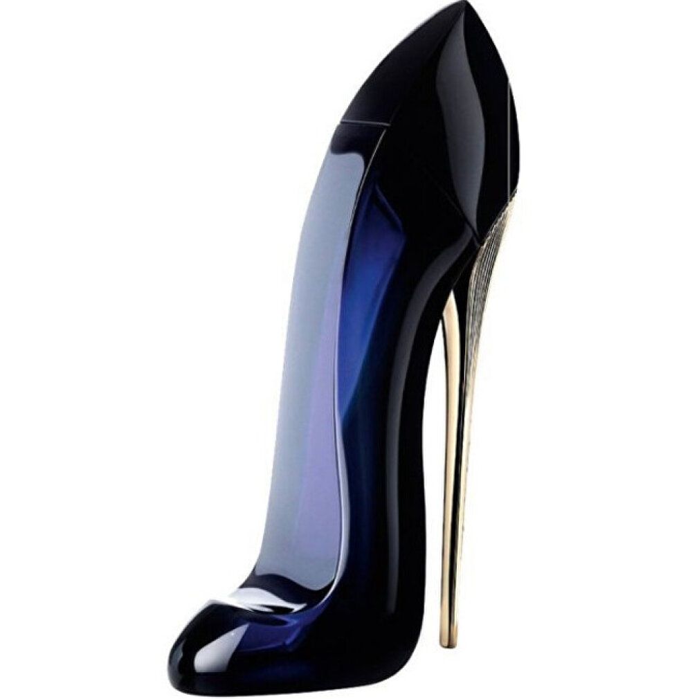 Flacone nero a forma di décolleté con tacco dorato. Liquido blu chiaro visibile.