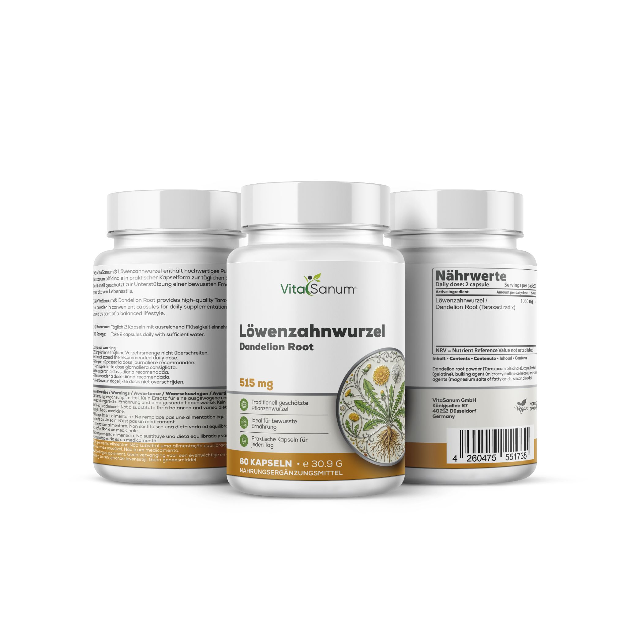 Tre contenitori VitaSanum Radice di tarassaco, 515 mg. Uno davanti, due dietro.