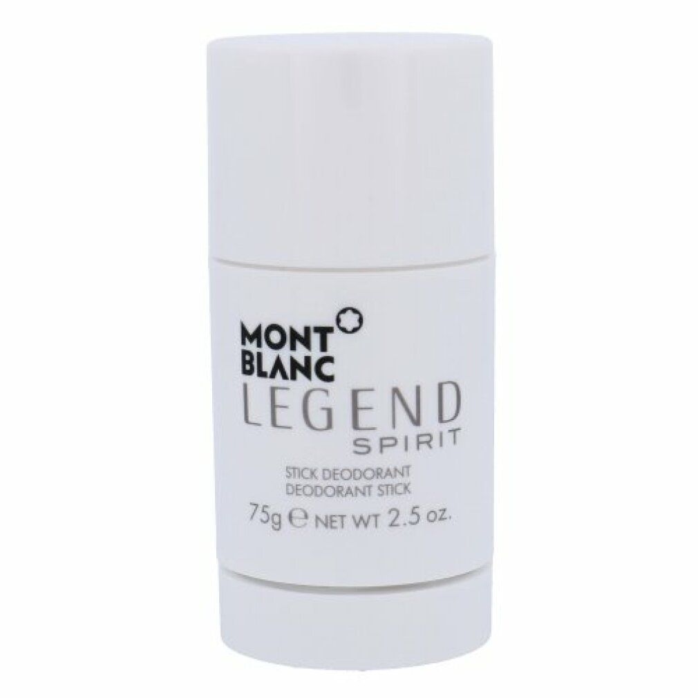 Stick deodorante bianco. Scritta: MONTBLANC LEGEND SPIRIT, STICK DEODORANT, 75g NET WT 2.5 oz.