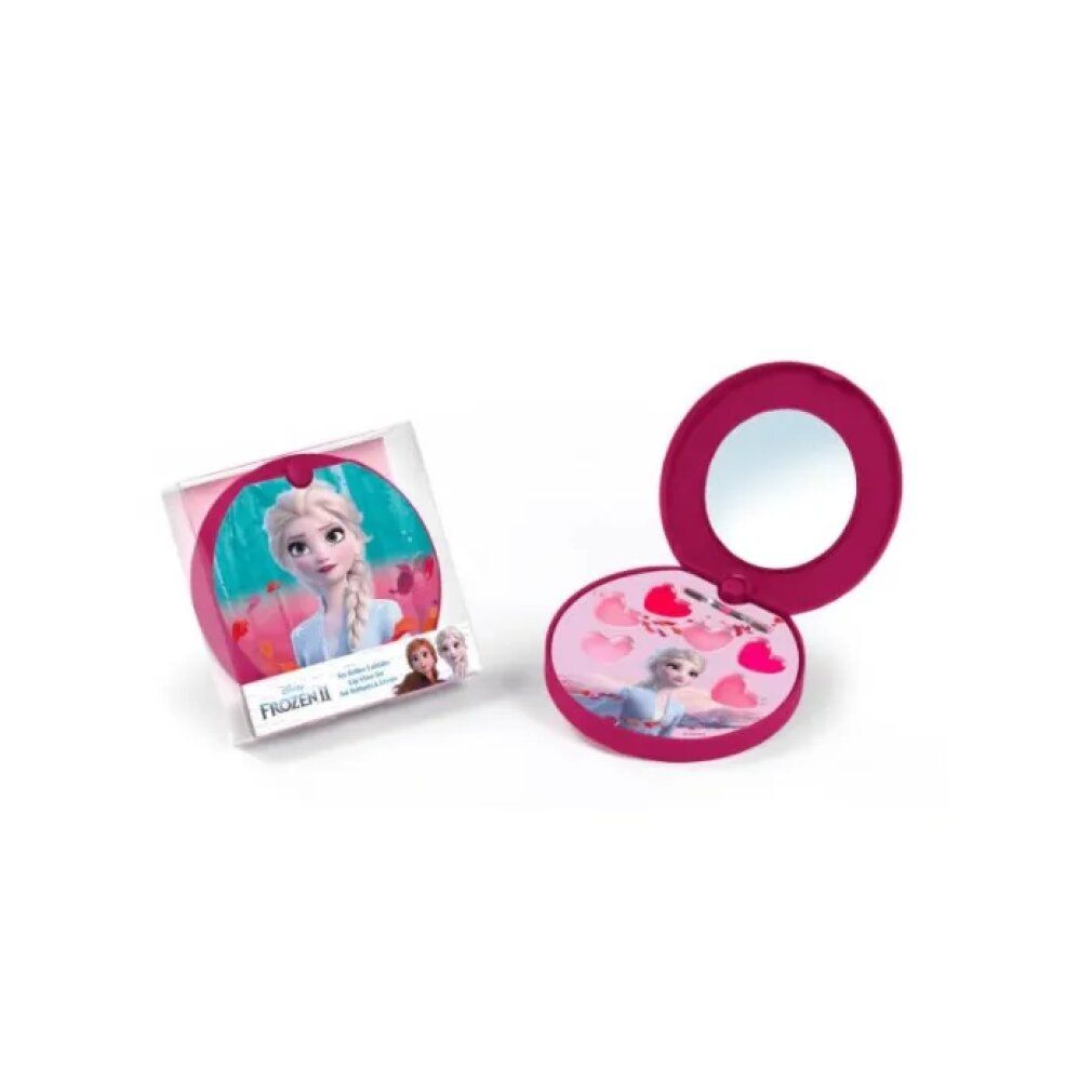 Astuccio rotondo rosa con motivo Elsa e specchio. Contiene applicatori e ombretti.