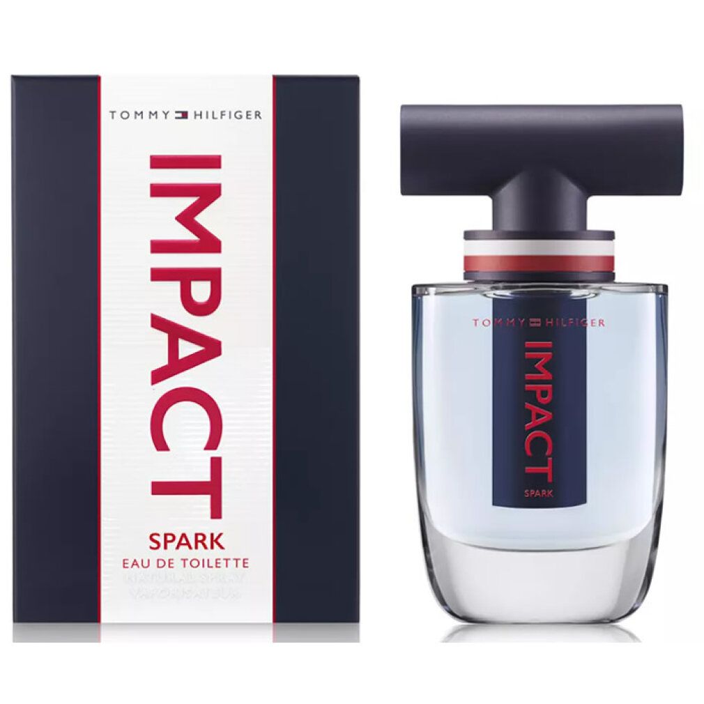 Tommy Hilfiger Impact Spark Eau de Toilette. Flacone e confezione. Blu, rosso e bianco.