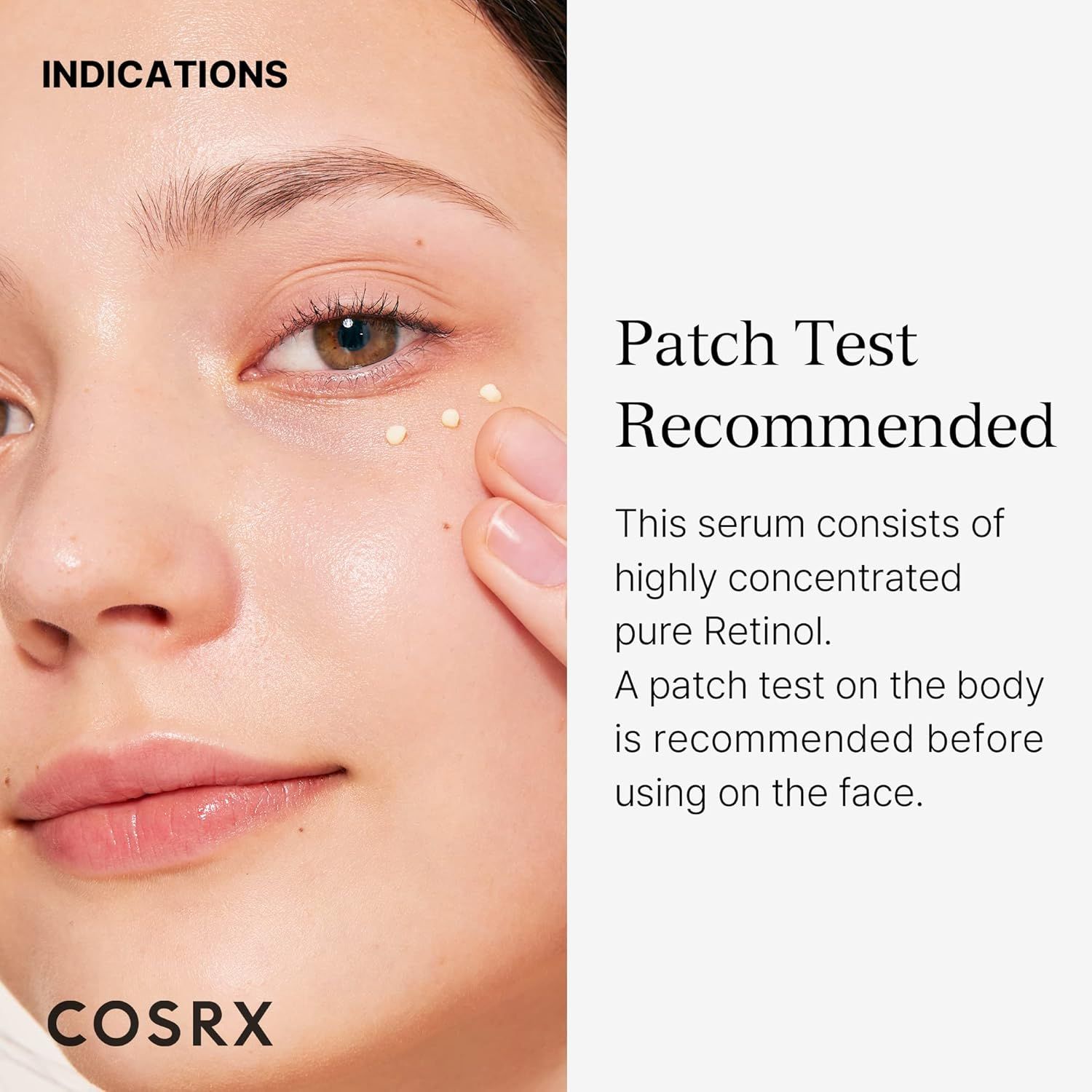 Volto di donna. Testo: Patch Test Recommended. Logo COSRX. Prodotto applicato sulla pelle.