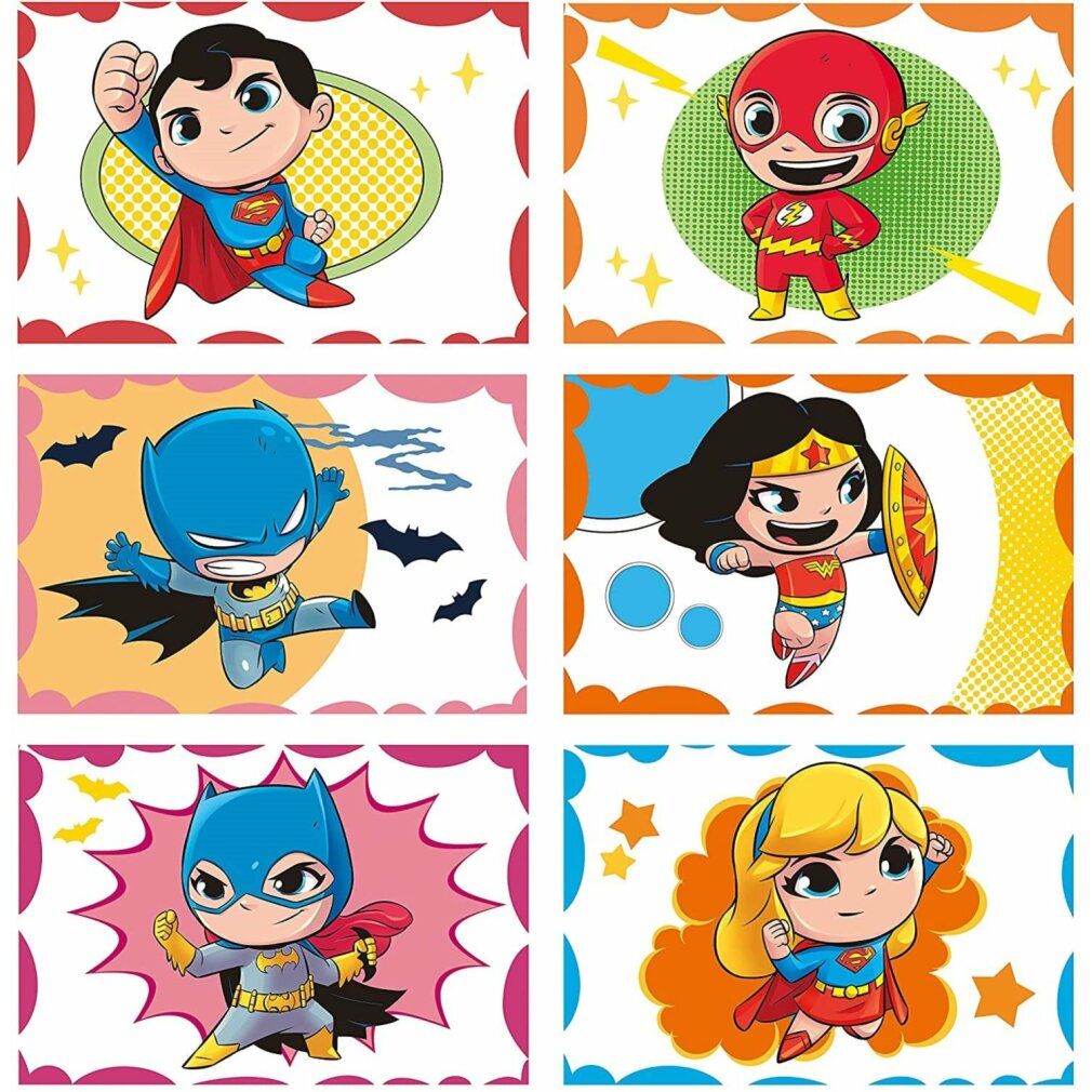 Sei cubi illustrati con supereroi. Superman, Flash, Batman, Wonder Woman e Supergirl. Grafica a fumetti colorata.