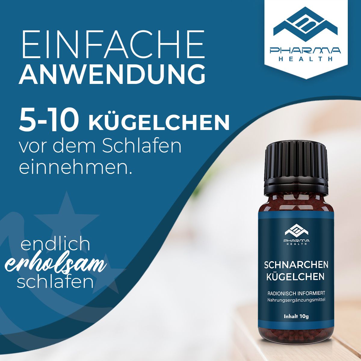 Flacone con scritta: Pharma Health, Schnarchen Kügelchen. Testo: Uso semplice: assumere 5-10 granuli prima di dormire.